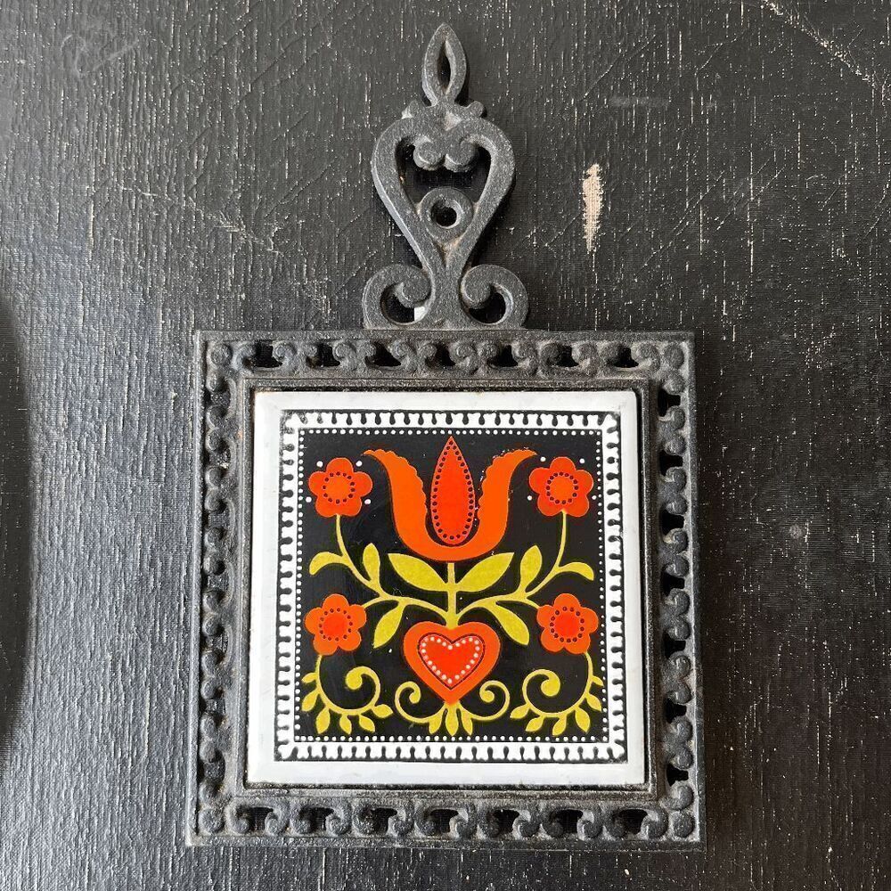 Vintage Cherry Japan Cast Iron Trivet with Enamel Folk Art Tile